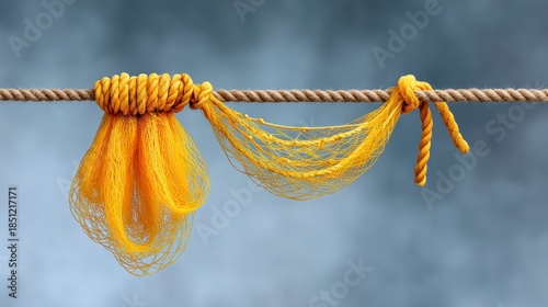 Yellow netting tied with rope against stormy sky