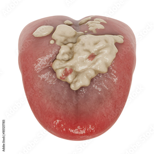 Human tongue with large white plaque and red inflamed areas with Transparent Background
