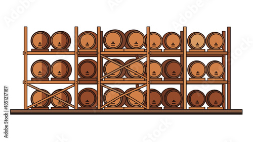 Illustration of numerous wooden barrels neatly arranged on wooden shelves within a storage facility, likely for aging wine, beer, or spirits.