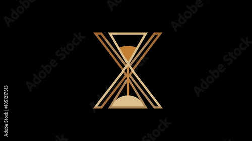 Modern Golden Geometric Hourglass Design on Black Background. Elegant Abstract Symbol of Time, Deadline, and Passing Moments.