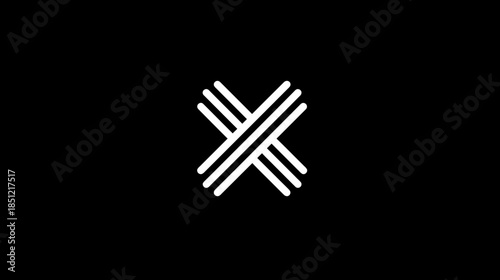 Minimalist white 'X' symbol composed of parallel lines on a black background. Abstract geometric line art design element.