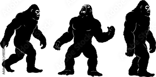 Bigfoot Sasquatch Silhouette Walking Standing Poses Vector