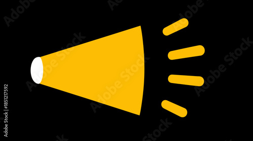 Flat design yellow megaphone icon with sound waves on black background. Communication, announcement, broadcast symbol.