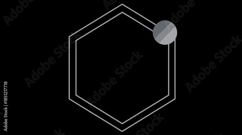 Abstract geometric hexagon frame with orbiting sphere on dark background. Modern digital tech concept for data, network, or security.
