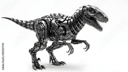 Metallic robot dinosaur with sharp teeth and claws on white background mechanical dinosaur metal dinosaur