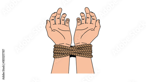 Pair of hands with wrists tightly bound by a thick, dark rope, symbolizing captivity, restriction, or a lack of freedom and agency.