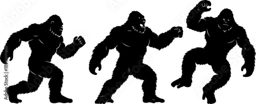 Sasquatch Bigfoot Silhouette Trio Walking and Standing Vector Art