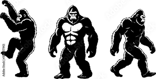 Sasquatch Bigfoot Silhouette Trio Walking and Standing Vector Art