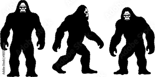 Sasquatch Bigfoot Silhouette Trio Walking and Standing Vector Art