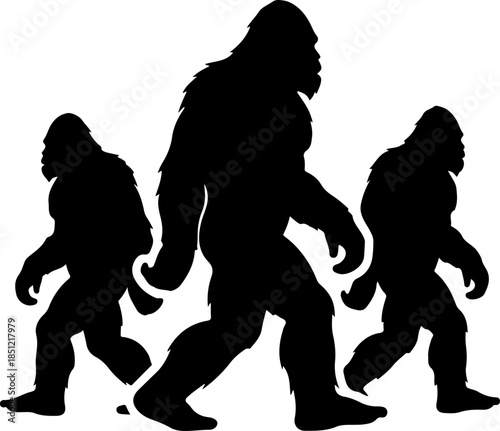 Sasquatch Bigfoot Silhouette Trio Walking and Standing Vector Art