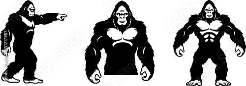 Sasquatch Bigfoot Silhouette Trio Walking and Standing Vector Art