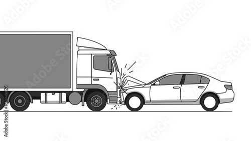 Black and white line art illustration showing a semi-truck colliding with a passenger car, depicting a front-end vehicle accident with impact effects.