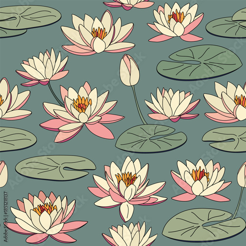 Seamless pastel soft floral pattern with lotus flowers on a green background. Lotus pattern with Indian shapes for textile. 