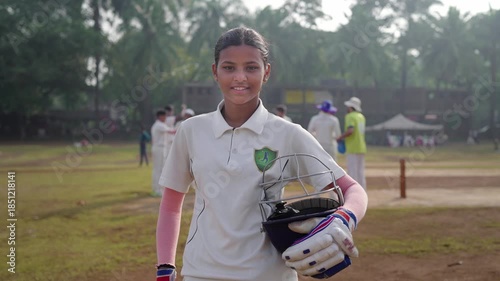An Indian young, confident girl or female cricket batsman in a jersey and holding a helmet, stands outdoors on the ground, smiles looking at the camera, with teammates preparing in the background