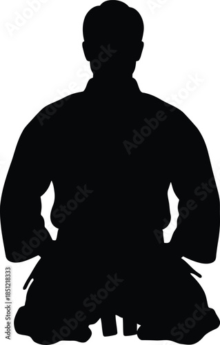 Black silhouette of a martial artist kneeling in a respectful seiza posture during training or meditation