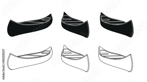 Simple illustration depicting six canoes in black and white line drawings