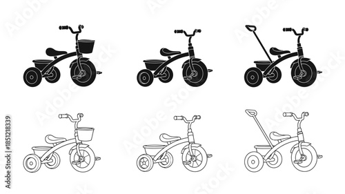 Illustration of various tricycle designs in black and white line art