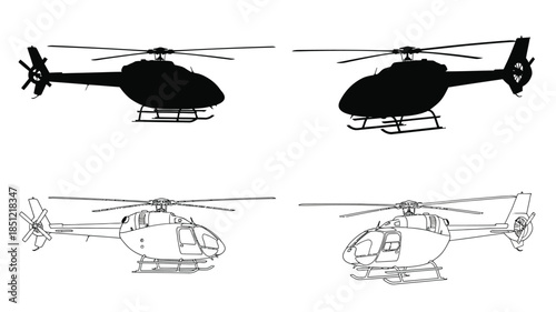 Silhouettes and outlines of helicopters displayed in a minimalist graphic composition