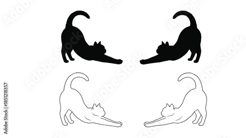 Black cat silhouettes stretching and outlined versions facing each other