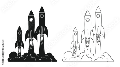 Black and white illustration of rockets launching with smoke trails