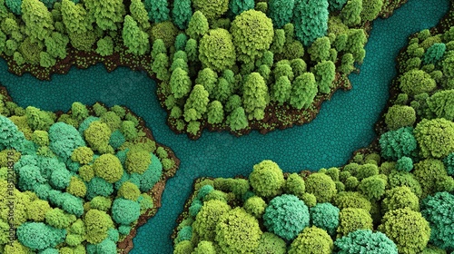 Lush green forest with a winding river flowing through vibrant natural landscape