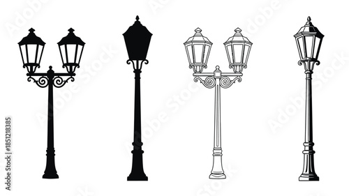 A collection of vintage street lamps in varying styles and shades