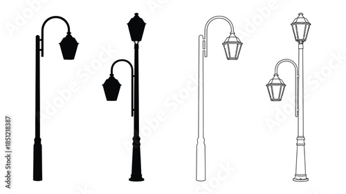 Black and white line art illustration of vintage street lamps