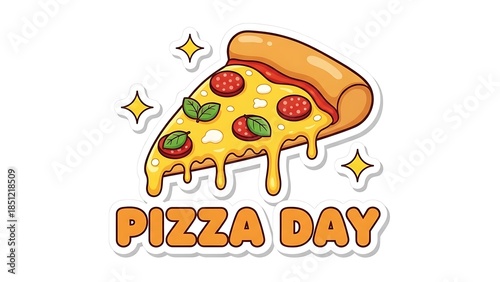 A cheesy and delightful pizza slice celebrating 'pizza day' with melting goodness and cute stars