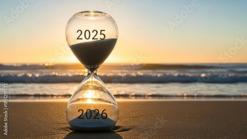Hourglass on beach with 2025 and 2026 at sunset sand timer