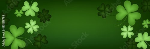 Happy St Patrick's Day concept. Greeting card design with four leaf clovers and gold coins on green background.