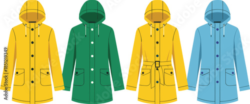 Colorful waterproof raincoat vector set featuring yellow green and blue hooded rain jackets with buttons and pockets for autumn and wet weather apparel.