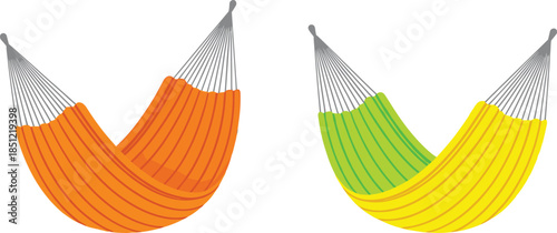 Colorful vector hammock set featuring orange lime green and yellow hanging beds for outdoor relaxation garden patio and summer vacation travel designs