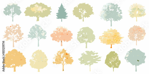 A collection of stylized trees in varying shapes and pastel colors