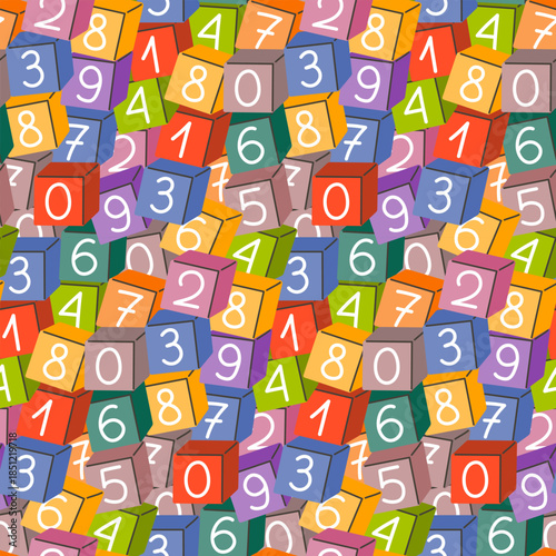 Colorful seamless pattern with number cubes. Fun educational background for kids projects, school supplies, fabric, textile, and nursery decor