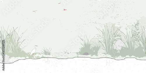 A serene landscape featuring birds in flight over grassy reeds and sand