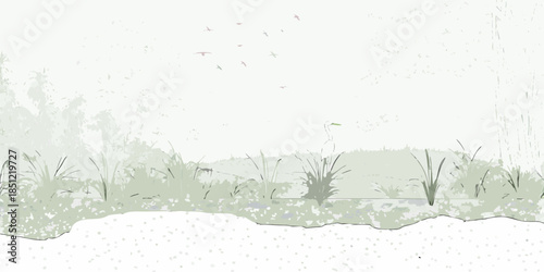 A minimalist illustration of grassy terrain with sparse vegetation and distant birds