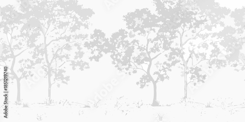 A grayscale depiction of a sparse woodland scene with leafless trees