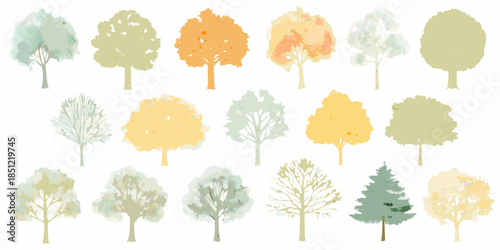 A collection of watercolor trees in varying autumnal and spring colors