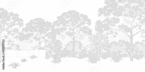 Silhouetted trees and sparse vegetation against a bright white background