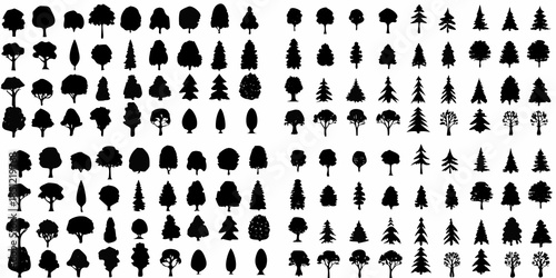 A collection of various silhouetted trees and foliage displayed in a grid pattern