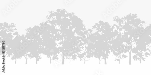 A grayscale silhouette of a dense forest with many trees