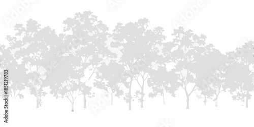 A silhouette of a dense forest with many trees against a white background