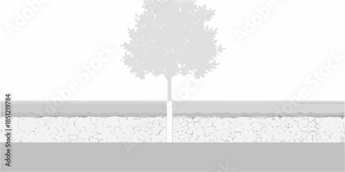 A solitary tree stands against a simple landscape of land and sky