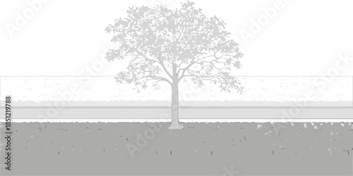 A solitary tree stands against a muted grayscale landscape illustration