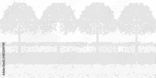 A grayscale landscape featuring rows of trees and a textured foreground