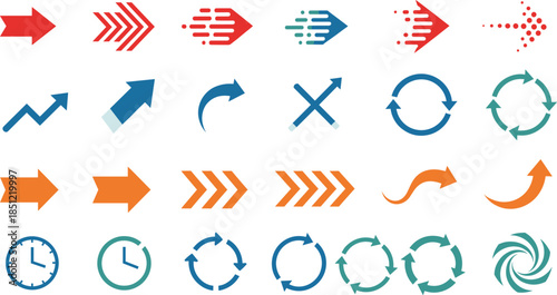 Colorful vector arrow icon set featuring various directional pointers motion graphics symbols and circular refresh icons for modern web and infographic designs.