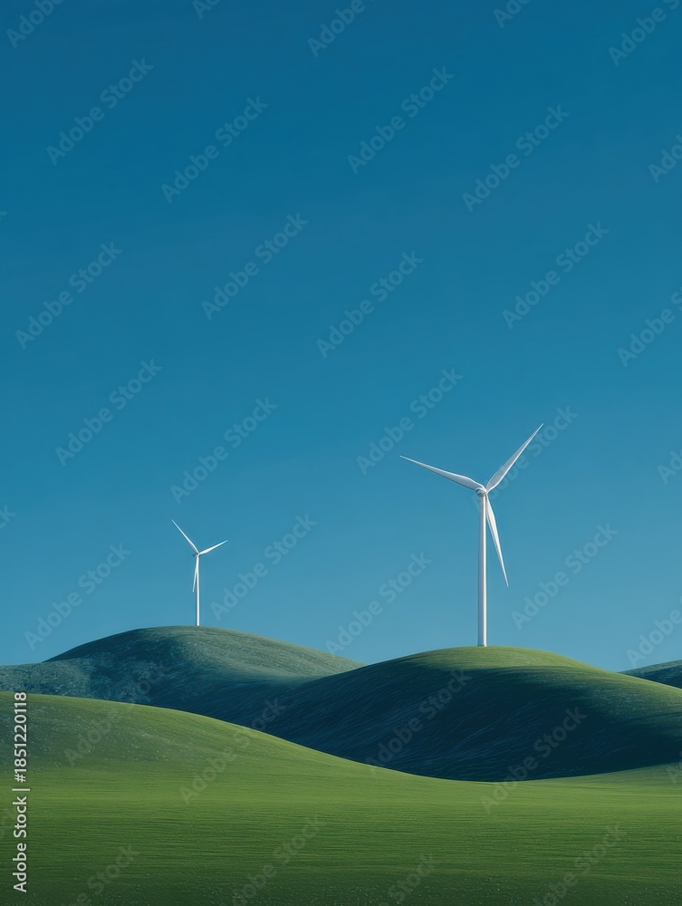 Obraz premium modern windmills on a green hill with blue sky no logos no brands ar 34