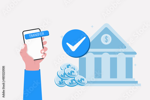 Mobile banking money transfer with online payment transaction success complete.