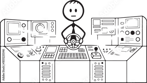 Stick figure operating complex control panel with steering wheel and joystick in a control room or cockpit isolated on transparent background