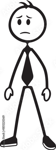 Sad stick figure character in tie and red shoes standing isolated on transparent background